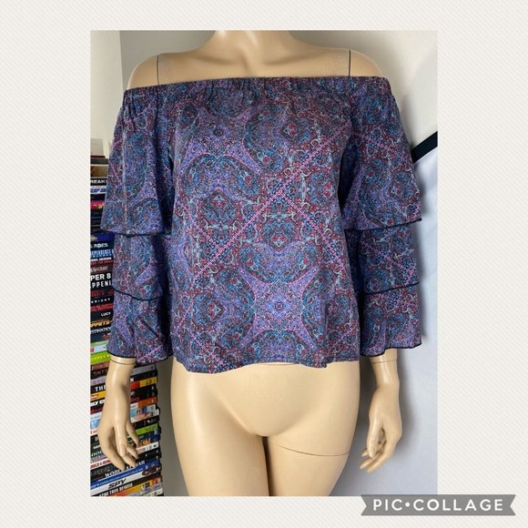 Ella Moss S Patterned Off The Shoulder Rayon Blouse Tiered Ruffle Bell Sleeves - Picture 11 of 12